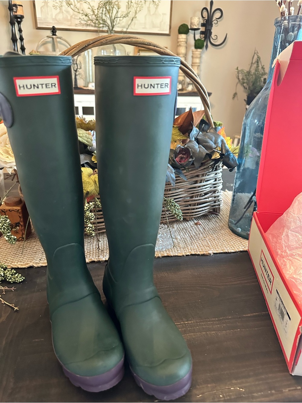 Hunter Dark Green Rain Boots with Purple Soles